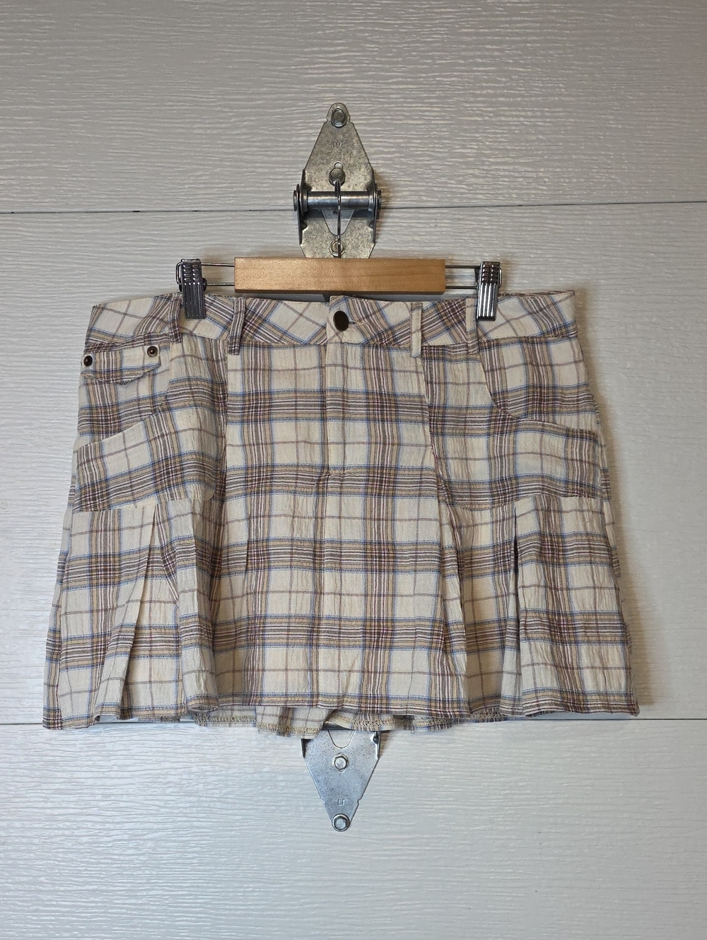 Fashion Nova Plaid Pleated Mini Skirt in Cream, Brown, and Blue